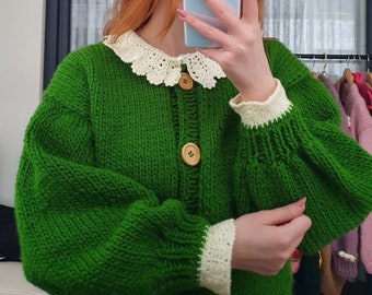 Spitzenkragen Strickjacke: Grüne Retro Perle Button Crop