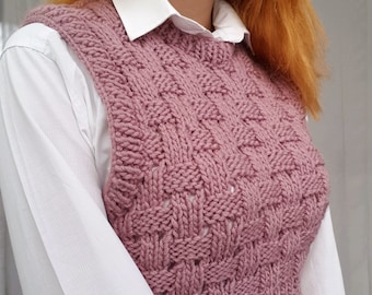 Hand gestrickte Wolle Pullover Weste | Geflochtenes ärmelloses Top