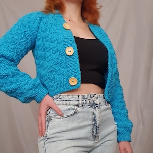 Hand-knitted Blue Crop Cardigan: Chunky Basket Weave Wool Sweater