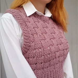 Sweater Vest for Women | V-neck Sweater | Basket Weave Pattern Knit | Sweater on Shirt | Hand Knit Vest | Sleeveless Sweater | Stylish Vest