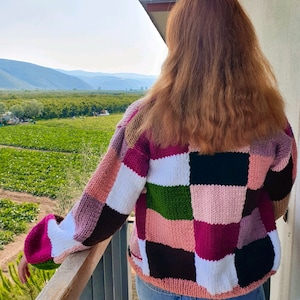 Hand-Knit Patchwork Cardigan: Chunky Color Block Sweater with Pockets