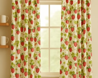 Erdbeer Muster Küchenvorhänge, Cottagecore Fenster Dekor mit Obst Print, süße Beeren Vorhänge