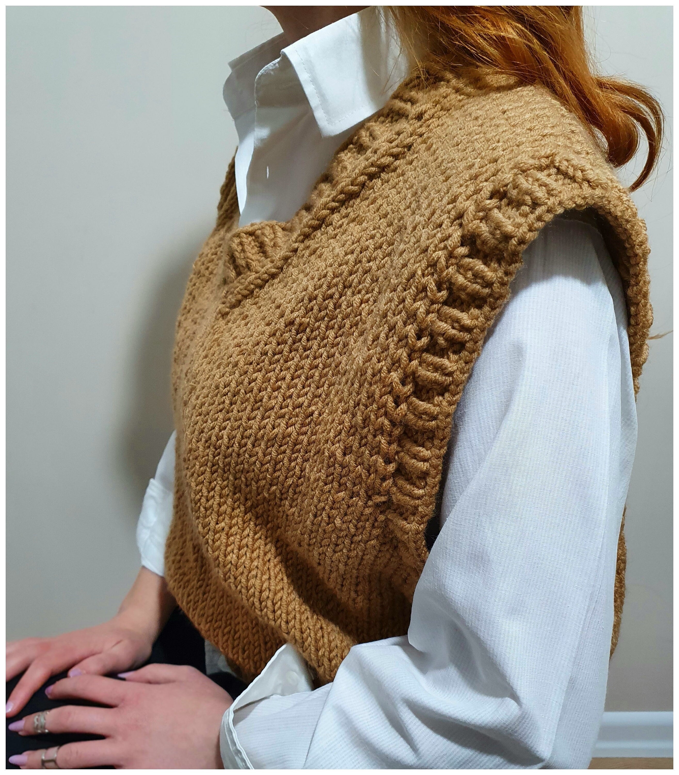 Hand Knit Chunky Sweater Vest, V-neck Camel Brown Knitted