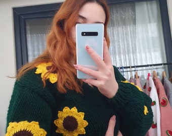 Hand Knit Oversized Sunflower Crochet Cardigan | Green Emerald Sunflower Knit Jacket | Hand Knit Chunky Sunflower Sweater for Women