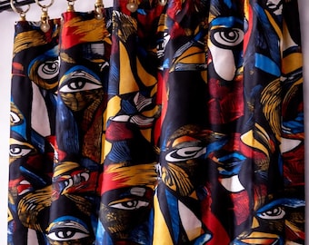 Abstrakte Gesichtsvorhänge, Funky Pop Art Fensterpaneele, künstlerische Maximalist-Drapes, mutiges Wohndekor