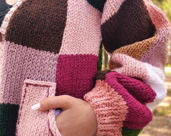 Handgestrickte Patchwork Cardigan Grobstrick Color Block Pullover Gemütliches Oversized Outfit