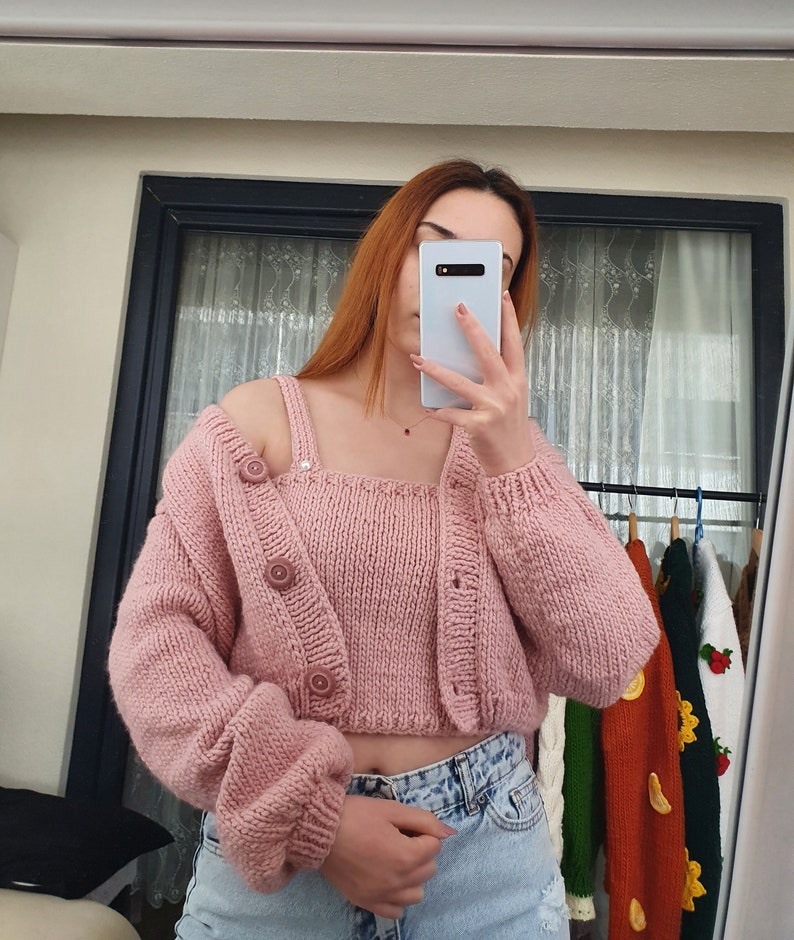 GoshleyKnitWear Hand Knitted 2 Piece Set Cardigan and Crop Top | Pearl Detail Tube Top | Hand Knit Crop Sweater | Pink Chunky Cardigan | Knit Women Jacket