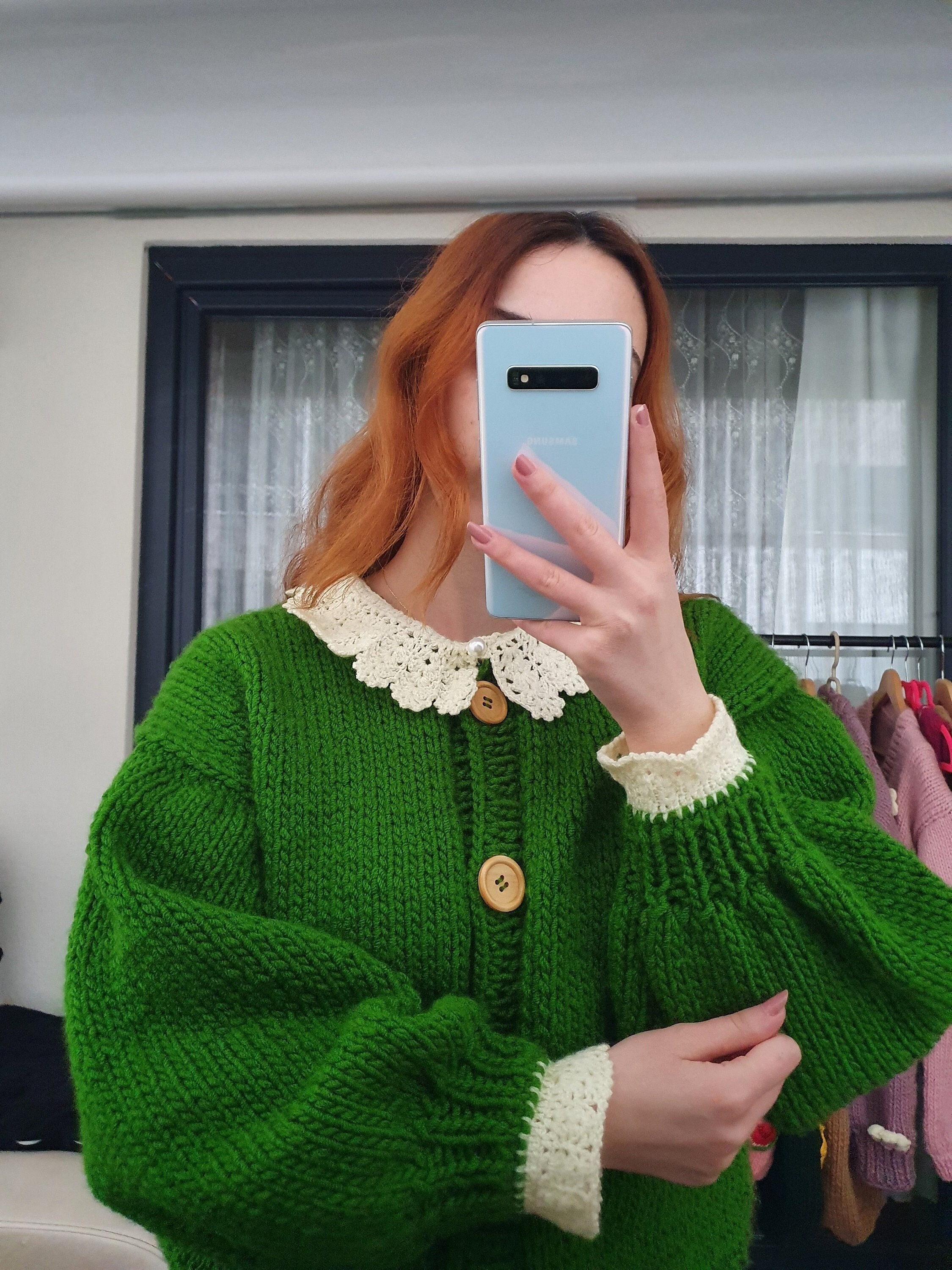70s vintage パールボタン レースカラーカーディガン アイボリー Lace Ladies（レースレディース） カーディガン パール ボタン 配