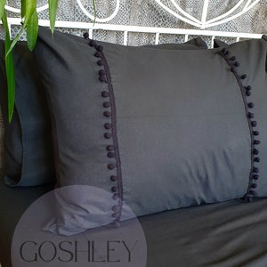 Black Cotton Bedding Set: Pom Pom Pillowcases & Flat Sheet