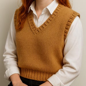 Sweater Vest for Women | V-neck Sweater | Sweater on Shirt | No Pattern Hand Knit Vest | Classic Shirt Fashion | Simple and Elegant Vest |