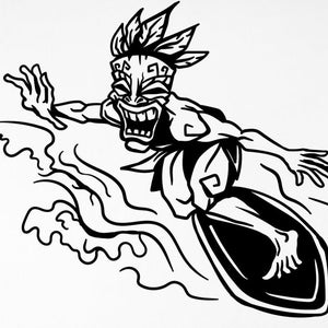 May include: Black and white illustration of a tiki figure riding a surfboard with a wave behind it.