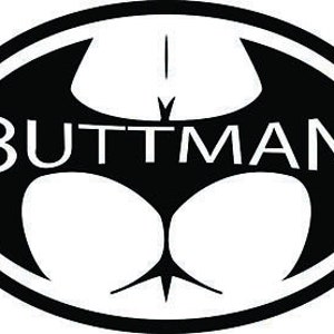 May include: Black and white graphic design of a bat silhouette with the word "BUTTMAN" written in white across the center.