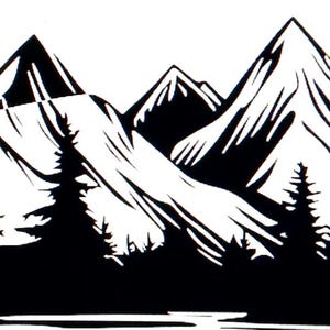 May include: Black and white graphic of a mountain range with several peaks and a forest of pine trees in the foreground. The image is a silhouette, with the mountains and trees in solid black against a white background.