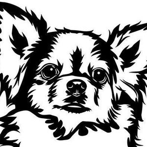 以下が含まれることがあります： 大きな耳と優しい表情をしたチワワの犬の白黒イラスト