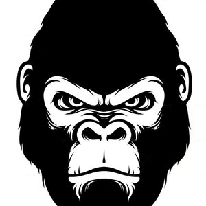 May include: Black and white illustration of a gorilla's face with a serious expression.