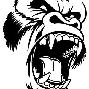 May include: Black and white illustration of a gorilla's face with its mouth open in a roar. The gorilla's teeth are bared and its tongue is sticking out.