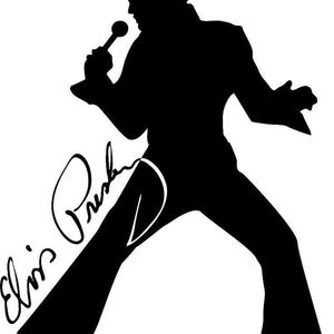 May include: Black and white silhouette of Elvis Presley singing into a microphone with his signature written below.