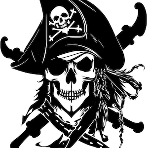Puede incluir: Ilustración en blanco y negro de una calavera con un sombrero de pirata con un diseño de calavera y huesos cruzados. Dos espadas cruzadas están detrás de la calavera.