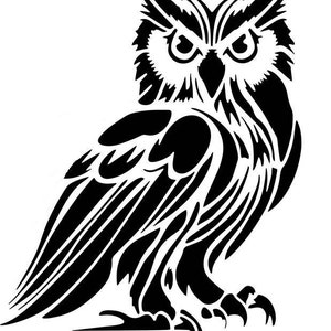 May include: Black and white silhouette of an owl with detailed feathers and sharp talons. The owl is facing forward with its eyes wide open.