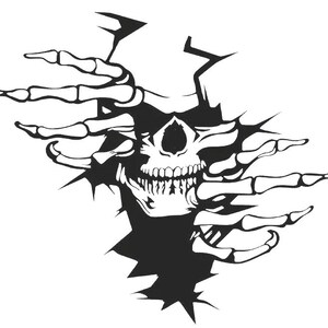 Puede incluir: Gráfico en blanco y negro de una calavera con manos esqueléticas que emergen de un desgarro dentado. La calavera tiene dientes y cuencas de los ojos detallados, con las manos extendidas. El diseño es audaz e impactante, perfecto para un tema de Halloween o gótico.