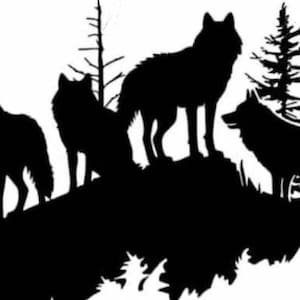 May include: A black and white silhouette depicting four wolves on a rocky outcrop, with fir trees in the background. The wolves are in different stances, some standing and others alert. The image has a nature or wildlife theme.