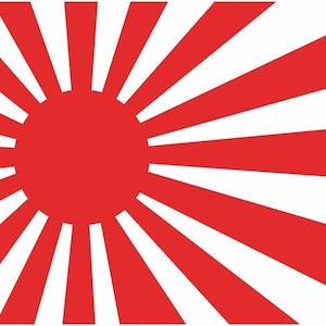 Puede incluir: Una bandera roja y blanca con un gran círculo rojo en el centro y 16 rayos blancos que irradian desde el círculo.