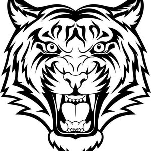 May include: A black and white illustration of a tiger's face with a fierce expression. The tiger's mouth is open, showing sharp teeth, and its eyes are wide with intensity.