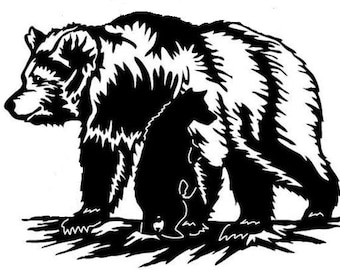 Könnte beinhalten: Schwarz-weiße Silhouette einer Bärin und ihres Jungen. Die Bärin steht aufrecht, ihr Junges steht vor ihr. Die Bärin schaut nach links und das Junge nach rechts.