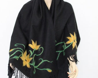 Yellow flowers made of felt Shawl on black felt , Scarf, Felt Art, For spring