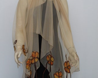 Orange flowers made of felt on beige silk, Scarf , Felt art,Wool for beauty woman,Shawl