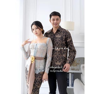 Kebaya Couple set | Indonesian women kebaya dress and Men&#39;s batik shirt, sarimbit batik couple premium, long sleeve