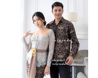 Handmade Batik Couple Set – Silver Grey Kebaya Dress & Men’s Batik Sarimbit Shirt
