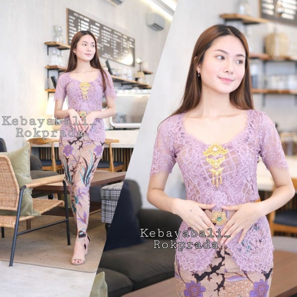 Kebaya dress | Complete set | for weddings or formal event | made of brocade and batik fabric, short sleeve and scoop neck