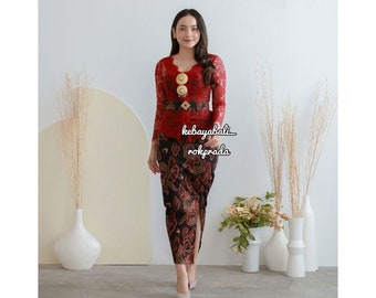 Kebaya dress | Complete set | for weddings or formal event | made of brocade and batik fabric, long sleeve and scoop neck | Maroon