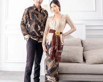 Handmade Batik Couple Set – Modern Kebaya Dress & Men’s Shirt Taro Leaf Motif