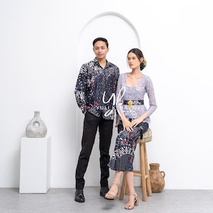 Kebaya Couple set | full set of kebaya dress and men&#39;s batik shirt, sarimbit batik, long sleeve, square neck