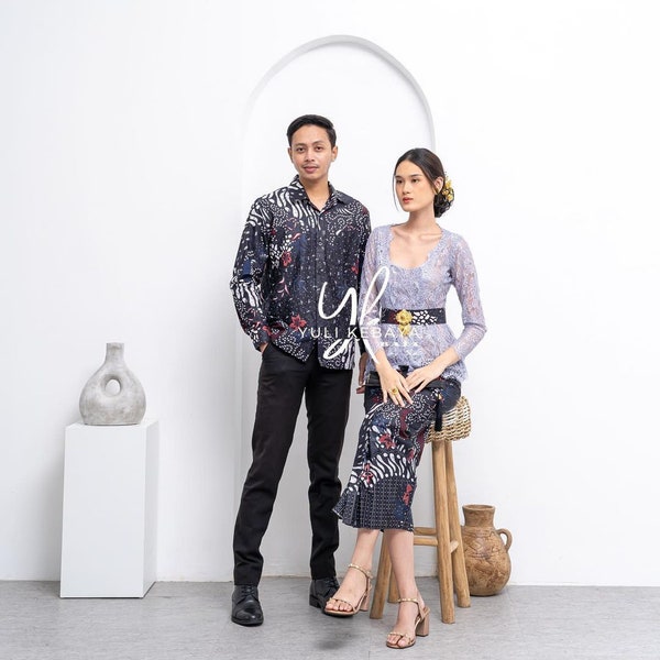 Kebaya Couple set | full set of kebaya dress and men's batik shirt, sarimbit batik, long sleeve, square neck