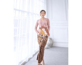 Kebaya dress | Complete set | for wedding or formal event | made of brocade and batik fabric, long sleeve and square neck|Semi italy glossy