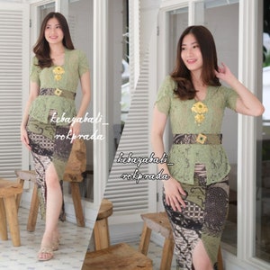 Kebaya dress | Complete set | for weddings or formal event | made of brocade and batik fabric, short sleeve and square neck | Nabila Series