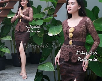 Kebaya dress | Complete set | for weddings or formal event |, made of brocade and batik fabric long sleeve and scoop neck, brown color