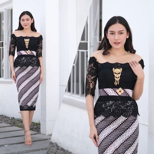 Kebaya dress | Complete set | for wedding or formal event | made of brocade and batik fabric, 3/4 sleeve, off shoulder neck