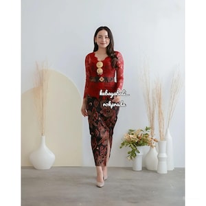 Modern Maroon Kebaya Dress | Complete Set for Weddings, Formal Events | Balinese Brocade & Batik Fabric | Long Sleeve | Scoop Neck | S-3XL