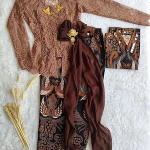 Brocade Kebaya Dress Set: Batik Skirt, Long Sleeve Formal Wear