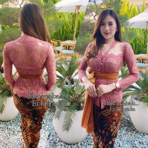 Kebaya dress Complete set for weddings or formal event made of brocade and batik cloth with long sleeve and V-neck E