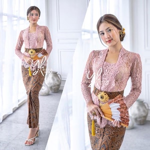 Kebaya dress | Complete set | for wedding or formal event | made of brocade and batik fabric, long sleeve and square neck|Semi italy glossy