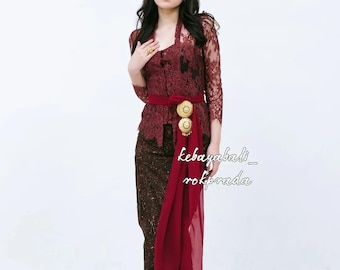 Indonesian Kebaya Dress, Maroon Lace Top with Batik Sarong Skirt, Custom Size Wedding Attire