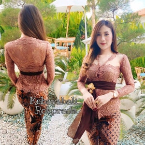 Kebaya dress Complete set for weddings or formal event made of brocade and batik cloth with long sleeve and V-neck A