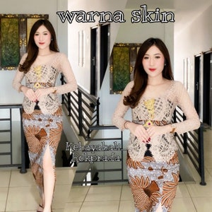 Kebaya dress | Complete set | for wedding or formal event | made of brocade and batik fabric, long sleeve and scoop neck