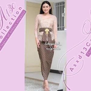 Kebaya dress | Complete set | for weddings or formal event |, made of brocade and batik fabric, long sleeve and scoop neck | Kayla series