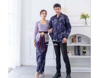 Couple set, full set of kebaya and men's batik shirt, light purple and purple flower batik